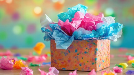 Vibrant Gift Box with Colorful Tissue Paper on a Wooden Surface Surrounded by Party Confetti in a Soft Focus Background Ideal for Celebrations and Joyful Occasions