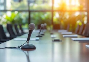 A single microphone on a wooden table with a blurred background of office chairs and a window with sunlight shining through.