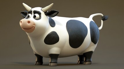 Obraz premium A cheerful cartoon cow with black and white spots, standing playfully.