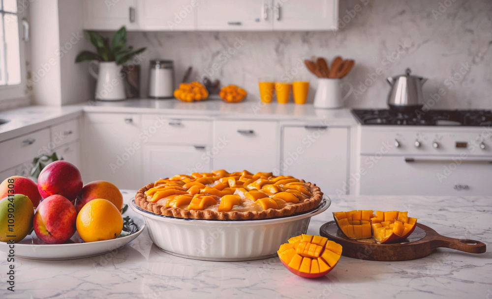Poster A pie with a slice missing sits on a counter next to a plate of fruit. The pie is surrounded by oranges and apples, and there are several cups and bowls on the counter