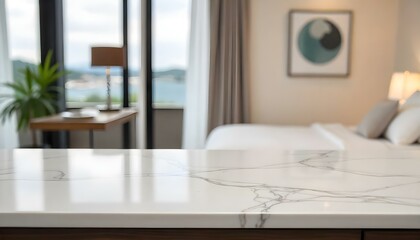 A marble countertop in the foreground with a blurred bedroom scene in the background, including a bed with white bedding and a window with sheer curtains