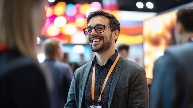 A smiling man in a suit and glasses is talking to a woman at a crowded event. He is wearing an orange lanyard around his neck.