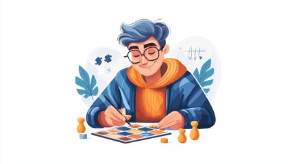 Fototapeta premium A young man enjoying a stimulating board game while illustrating strategy and creativity in a cozy environment.