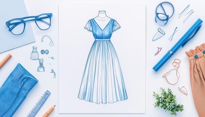 An artistic fashion sketch of a blue dress surrounded by design tools and accessories on a light background.