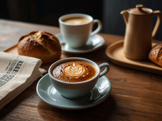 Obraz premium Morning breakfast, hot coffee, and bread. 