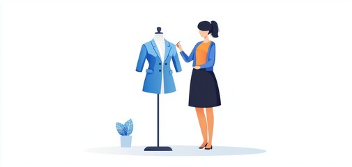 Fototapeta premium A fashion designer working on a blue coat design, showcasing creativity and passion for clothing and style.