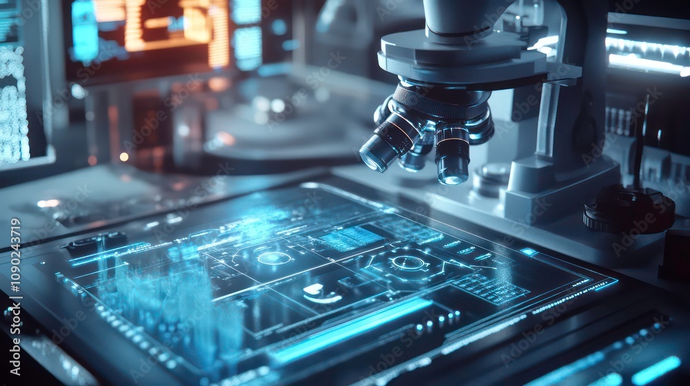 Poster laboratory experiment with futuristic electronic microscope interface (3d render)