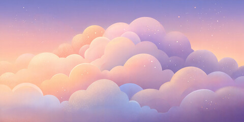Abstract dreamy clouds in pastel colors, serene mood, soft pink and blue hues, tranquil sky background, with grain noise effect
