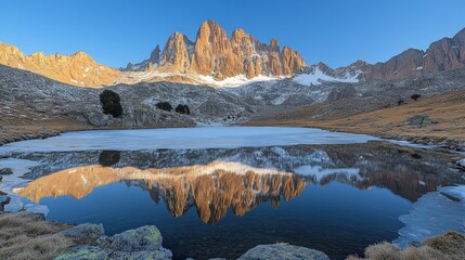 Obraz premium A serene mountain landscape reflecting in a calm lake during sunrise.