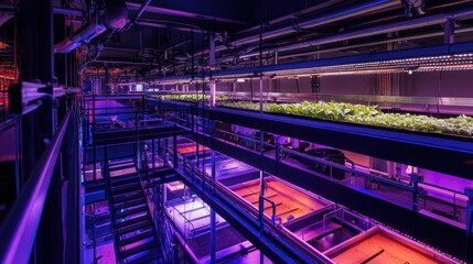 Fototapeta premium A modern indoor farm with vertical plant growth and advanced lighting systems.