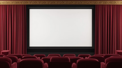 Fototapeta premium Deep burgundy velvet drapes surrounding a grand theater screen, with plush matching seats and ornate gold details, evoking old-world elegance in a private home theater