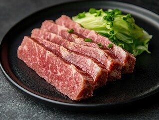 Fototapeta premium Meat and Broccoli on Black Plate