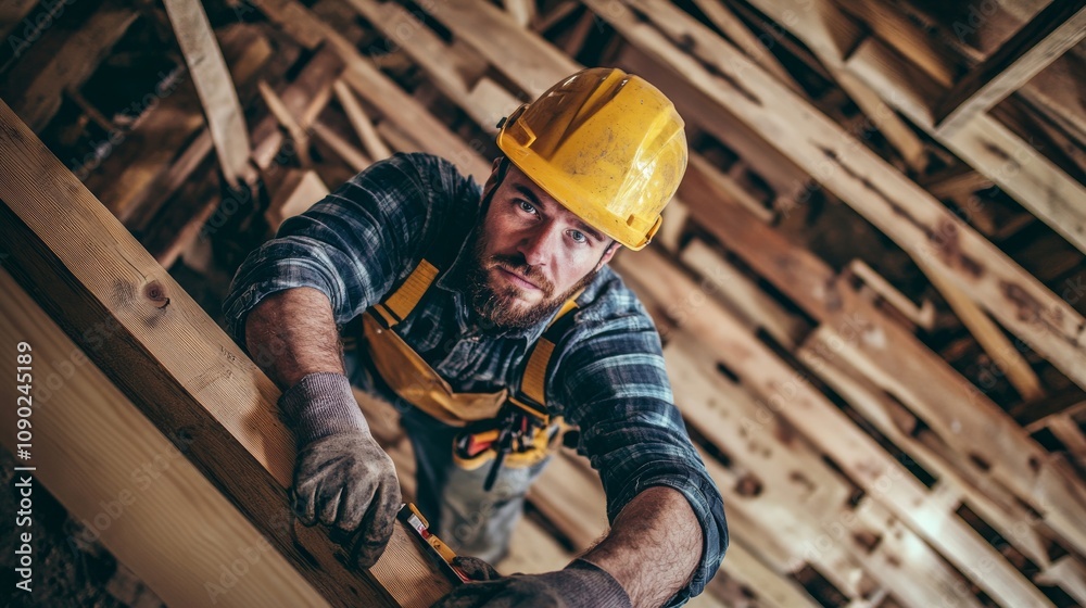 Poster A carpenter in a yellow hard hat and work clothes, holding a saw and looking at the camera with a determined expression, surrounded by wood beams and construction tools
