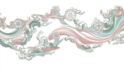 Fototapeta premium Abstract illustration of flowing waves with circular motifs and soft colors.