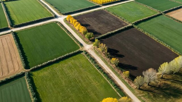 Video footage of patchwork quilt of fields in various shades of green, brown, and yellow, separated by neat rows of trees