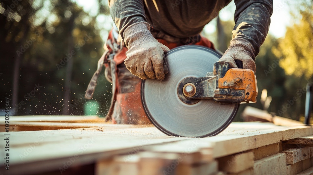 Poster a carpenter using a circular saw to cut timber on a construction site, carpentry detail scene, funct