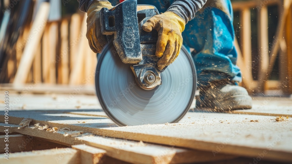 Poster a carpenter using a circular saw to cut timber on a construction site, carpentry detail scene, funct