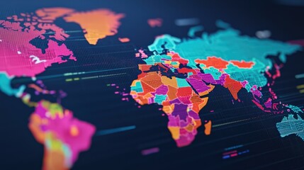 Fototapeta premium A colorful digital map of the world, showcasing various regions with vibrant hues and intricate details.