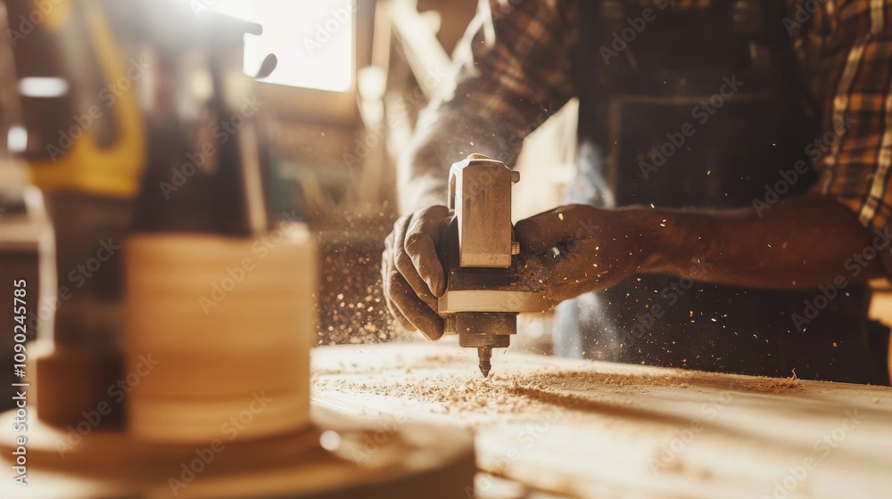 Poster a carpenter using a handheld router to trim wood edges at a woodworking workshop on a construction s