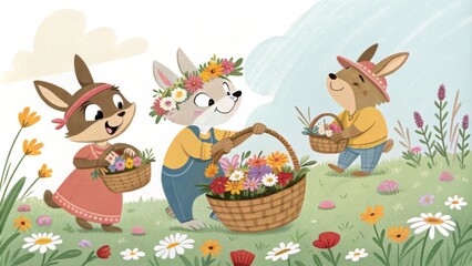 Fototapeta premium Therian figures picking wildflowers their faces beaming with pride as they gather vibrant blooms in woven baskets.