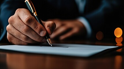 A hand holding a pen writes on a sheet of paper, focusing on the act of signing or drafting, likely in a business or formal environment.