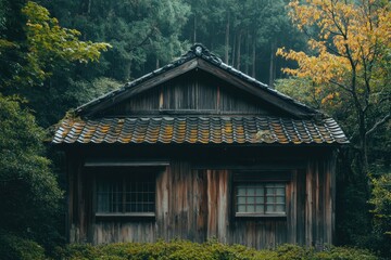 Obraz premium Secluded wooden house in forest. Perfect for illustrating tranquility, nature, and escape.