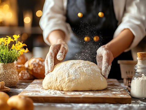 Baker dusting flour over dough before placing it in the oven, rustic kitchen setting, warm natural light, traditional breadmaking process, cozy and homely atmosphere, copy space
