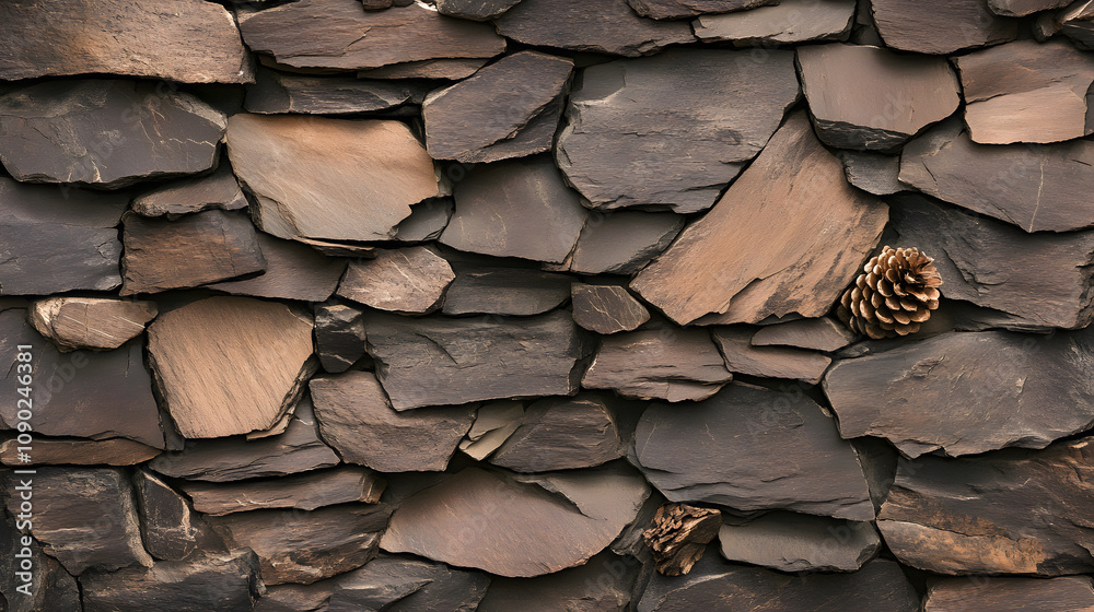 Poster a textured stone wall featuring various sizes and shapes of slate, accented by subtle pine cones, cr