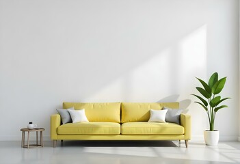Fototapeta premium A modern yellow sofa with white and gray pillows in a minimalist living room with a large window and a potted plant