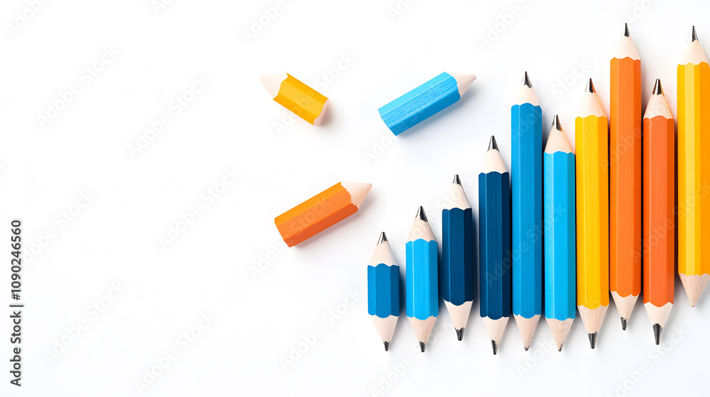 Poster a vibrant arrangement of colored pencils in varying heights against a white background, creating a s