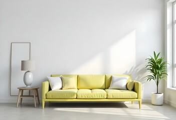 Obraz premium A modern yellow sofa with white and gray pillows in a minimalist living room with a large window and a potted plant