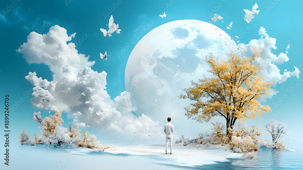 Poster a serene landscape featuring a person gazing at a large moon, surrounded by clouds and butterflies, 