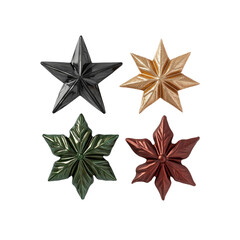Obraz premium Four Metallic Star Ornaments in Gold, Black, Green, and Burgundy