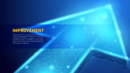 Digital arrow up in wireframe particle style and dark blue background, illustration of business investment growth and market growth.