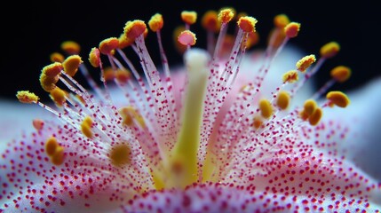 Fototapeta premium Close-up of a vibrant flower showcasing intricate details of its reproductive structures.