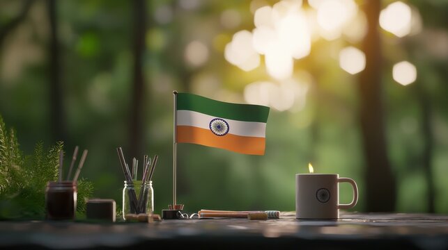A serene morning scene with the Indian flag waving majestically, surrounded by crafts like tri-colored rangoli and branded items such as mugs and pens, photographed in high