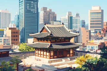 Naklejka premium illustration of a small South Korean temple surrounded by high-rise buildings in the bustling modern city in South Korea