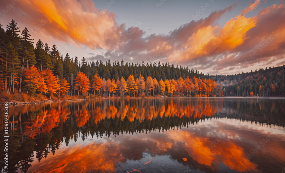 Poster a beautiful autumn day with a lake in the background. the sky is filled with clouds and the sun is s