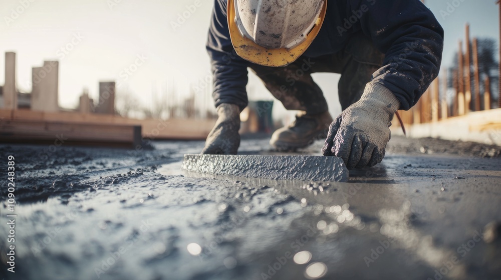 Poster a close-up of a concrete worker in a hard hat and safety glasses, smoothing out freshly poured concr