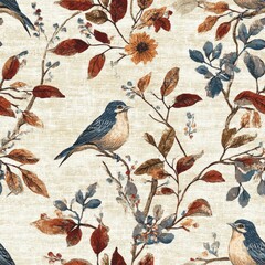 Vintage tapestry bird and foliage pattern on vintage beige fabric background, seamless repeating pattern, textile print style, minimal, tapestry design, seamless bird and foliage pattern, home decor