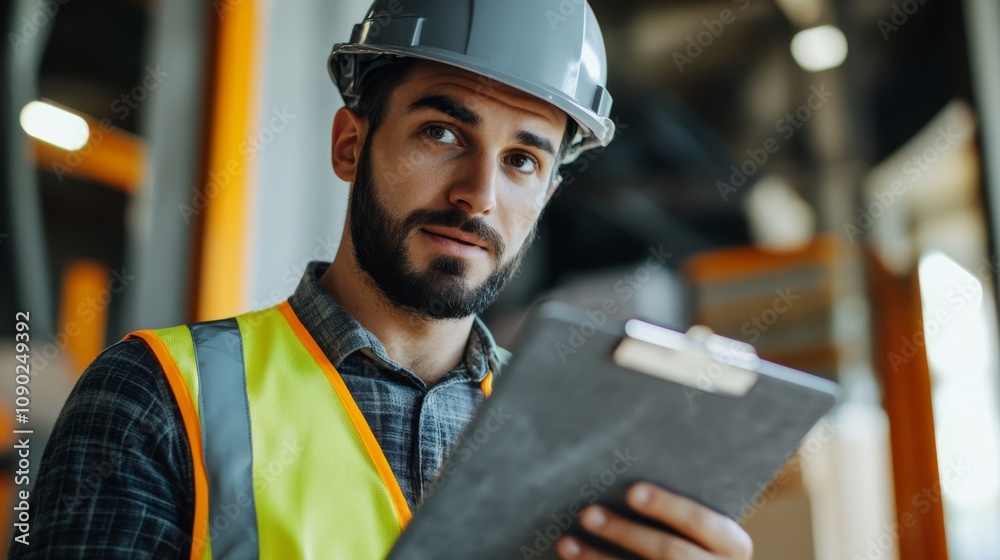 Poster a close-up of a construction project manager in a gray helmet and safety vest, discussing project de