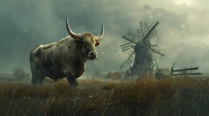 Bull and Windmill on a Cloudy Day