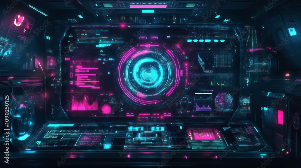 Poster a futuristic control room with a large screen displaying a glowing blue circle surrounded by digital
