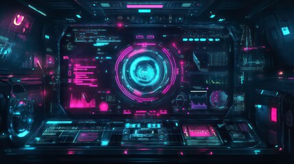 Fototapeta premium A futuristic control room with a large screen displaying a glowing blue circle surrounded by digital data and interfaces.