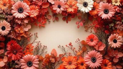 A vibrant floral arrangement featuring various flowers and leaves in warm hues.