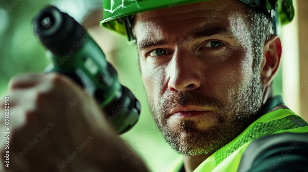 Poster a close-up of a construction worker in a green hard hat and reflective vest, operating a drill with 