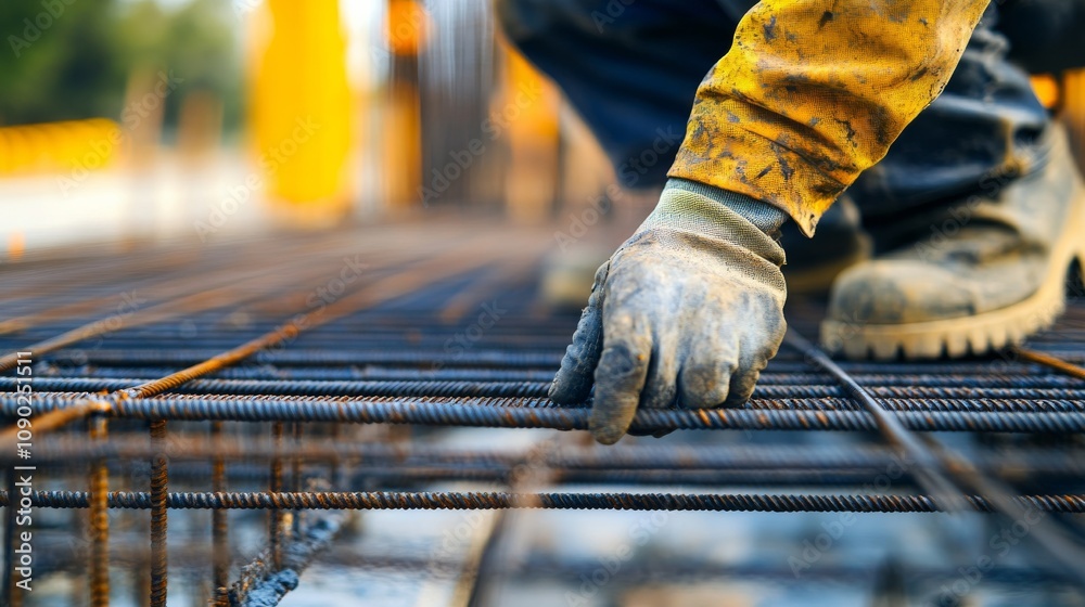 Aufkleber a close-up of a construction worker inspecting rebar alignment at a bridge construction site, bridge