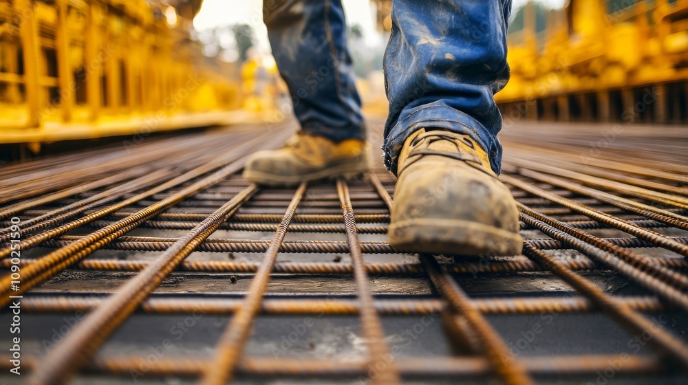 Aufkleber a close-up of a construction worker inspecting rebar alignment at a bridge construction site, bridge