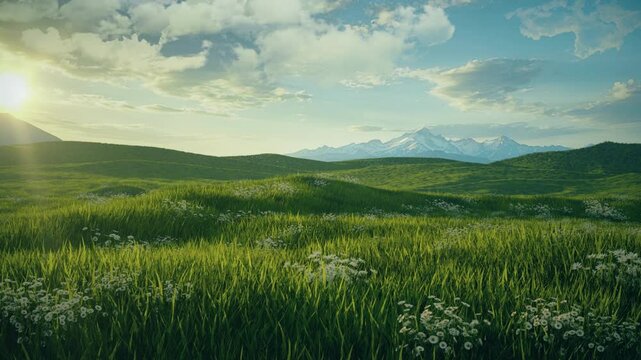 Meadow of Grass and Flowers in a Sunny Cloudy Day - Loop - Abstract Fantasy Nature Landscape 