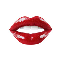 Obraz premium Close-up of Glossy Red Lips with Perfect Teeth on White Background